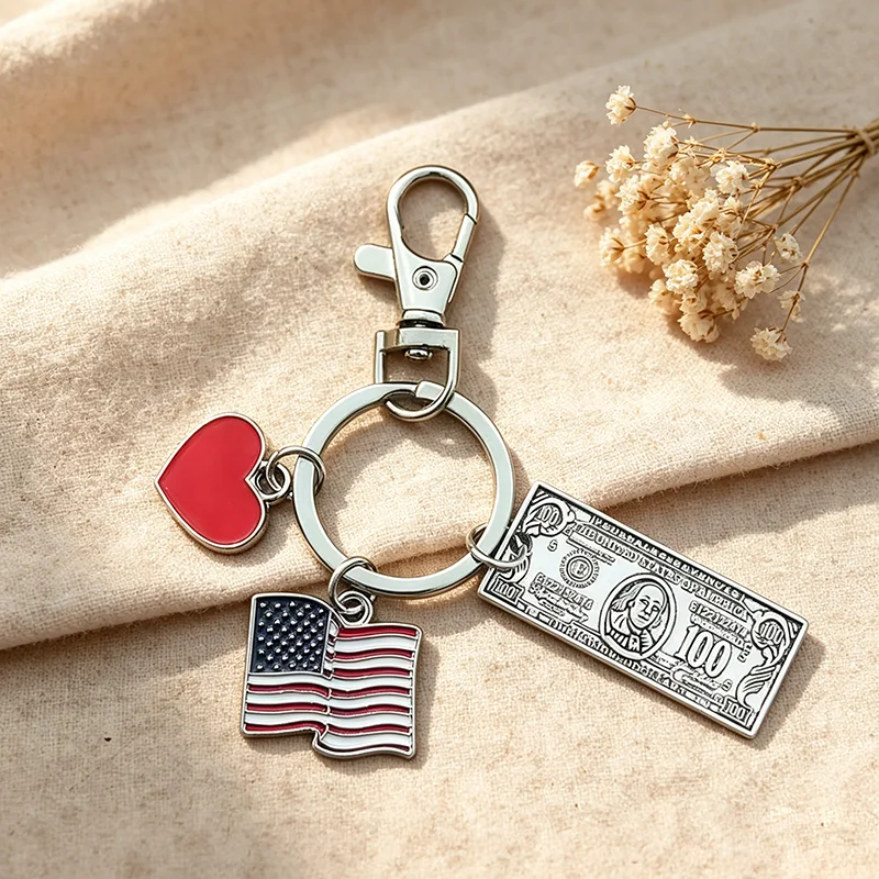 1 Piece Drop Oil Enamel Hearts American Flag Key Chain Zinc Alloy Dollar Coin Keychain
