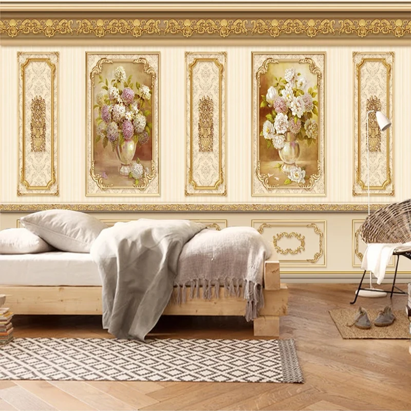 

Custom 3D Photo Wallpaper Painting European Style Embossed Carving Pastoral Flowers Gold Mural Paper Living Room Home Decoration