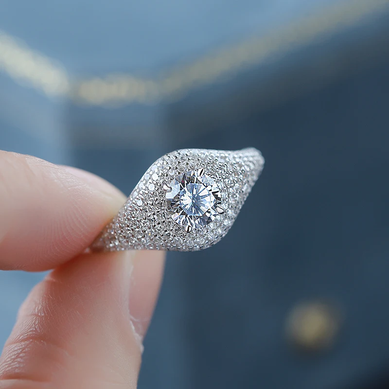 Creative and Authentic S925 Silver Niche Design Full Diamond Large Round Diamond Ring for Men and Women, Same Style, High-end
