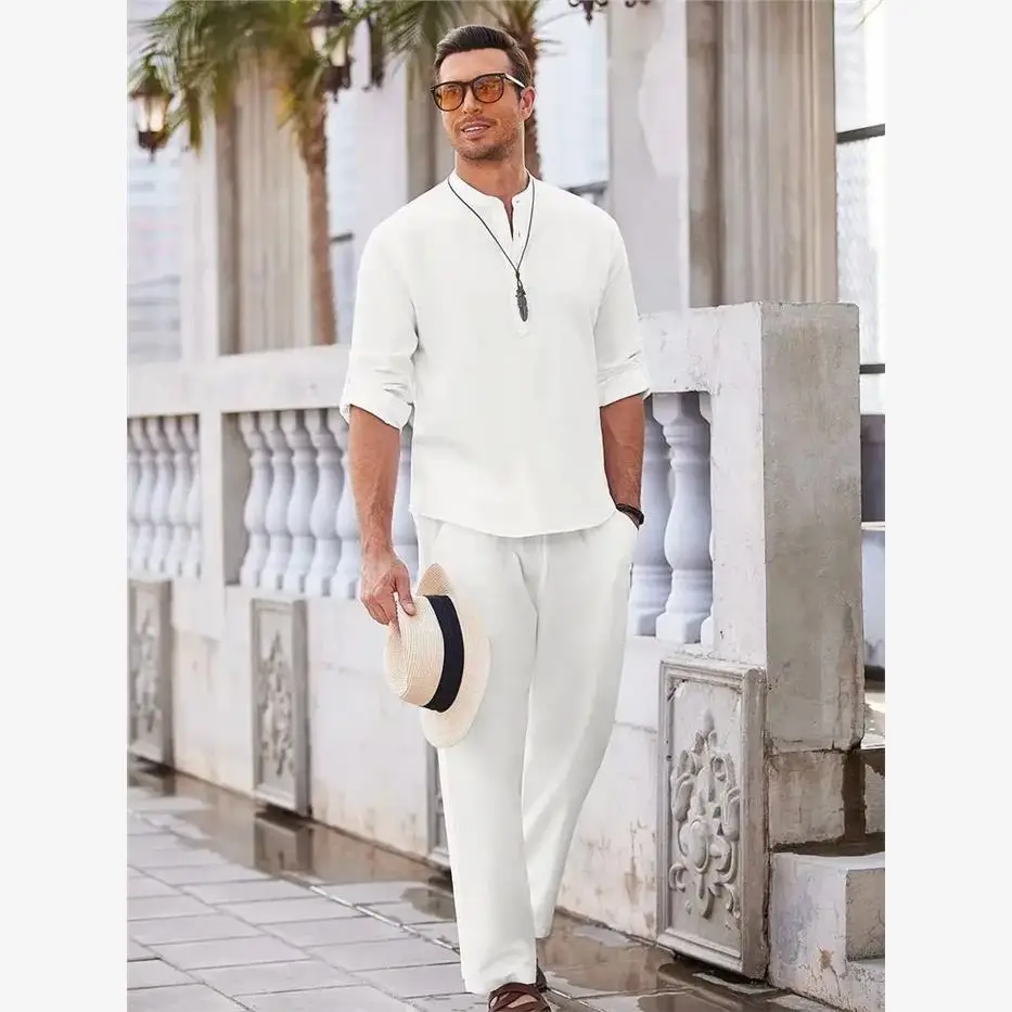 

Retro Ele Cotton Linen Blend Men's Two-Piece Casual Vne Set Comfortable Autumn Wear Seven-Quarter Sve