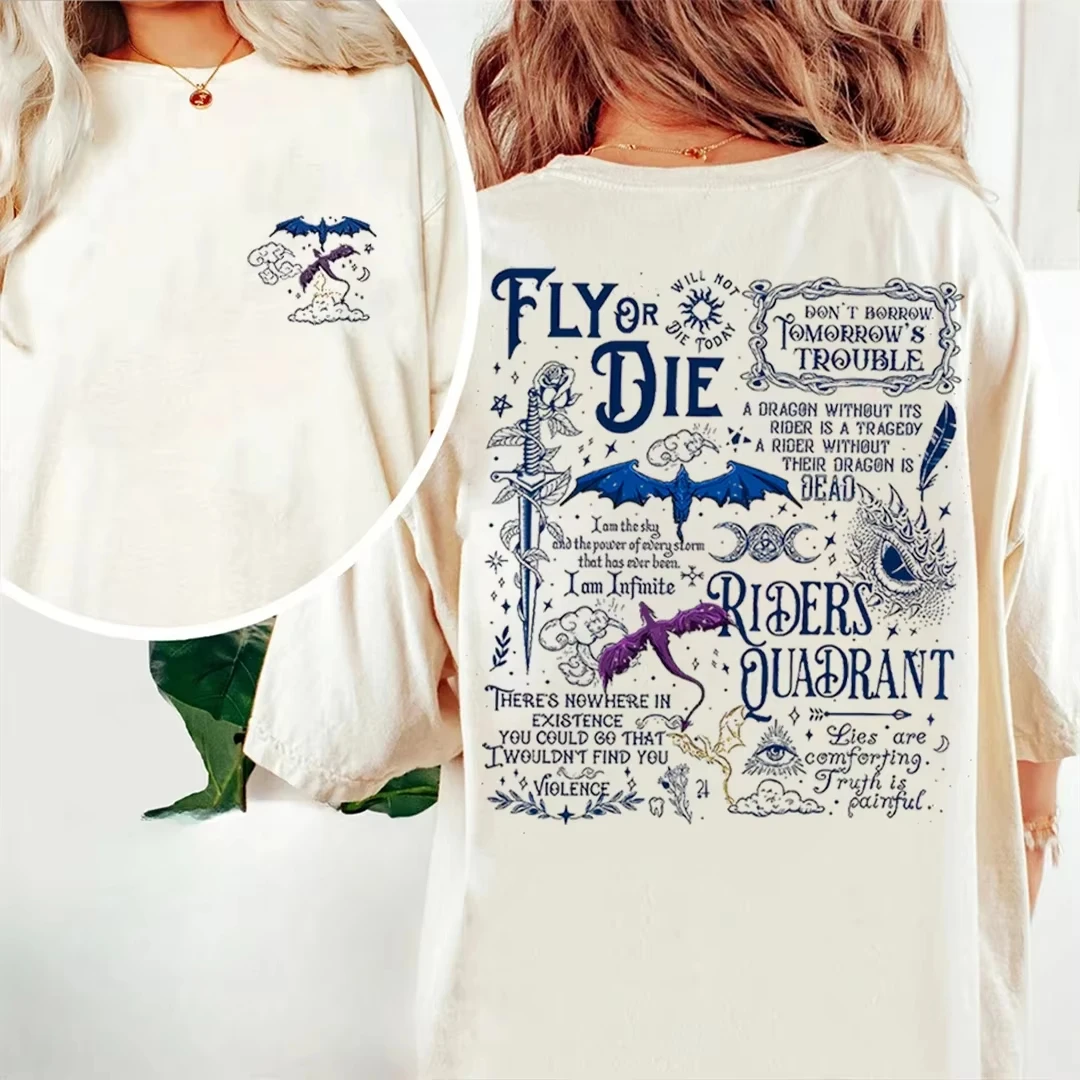 Summer Hot Sale Basgiath War College Dragon Rider Retro Shirt Fourth Wing Riders Casual T-shirt Unisex 2 Side Patten Cotton Tee