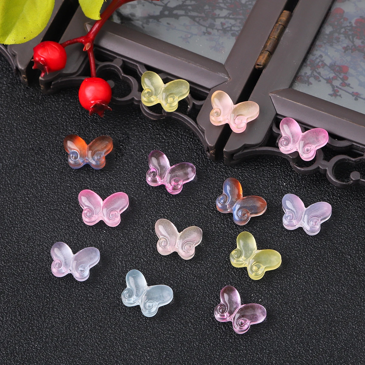 Acessórios de cabelo borboleta colorido transparente, estilo antigo artesanal, passo balançando a cabeça, DIY Hairpin Material, 20pcs