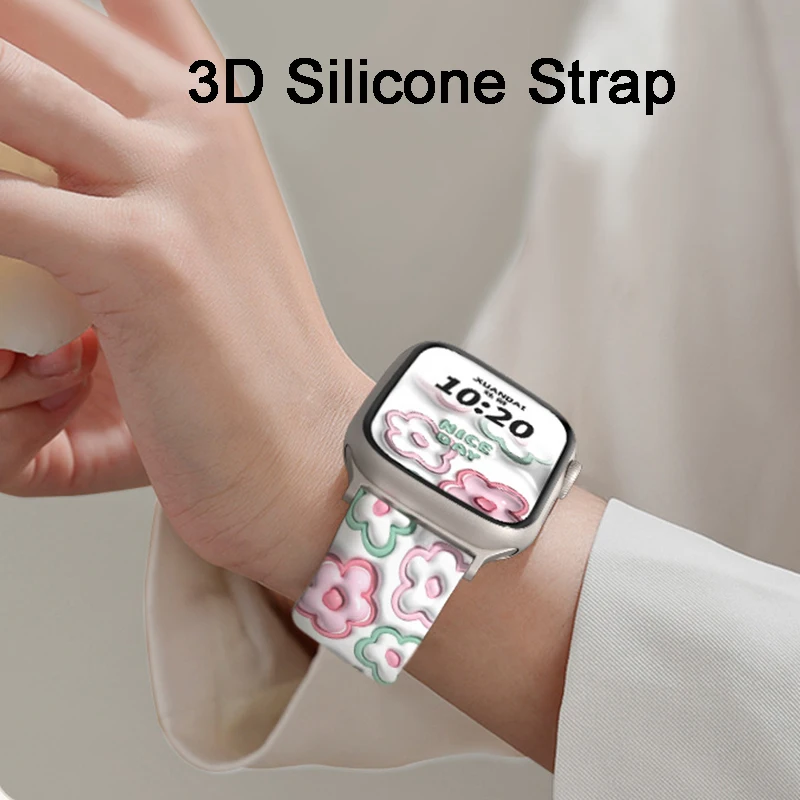 애플 워치용 3D 실리콘 스트랩, 울트라 49mm, 38mm, 40mm, 41mm, 45mm, 44mm, 42mm 패턴 인쇄 손목 밴드, 아이워치 시리즈 8, 7, 654 SE용