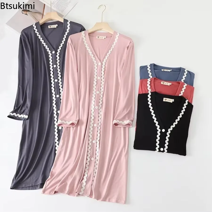 

2025 Women's Long-sleeved V-neck Nightgowns Fashion Button-up Cardigan Sleep Dress Loose Casual Homewear Women Modal Pajama Robe