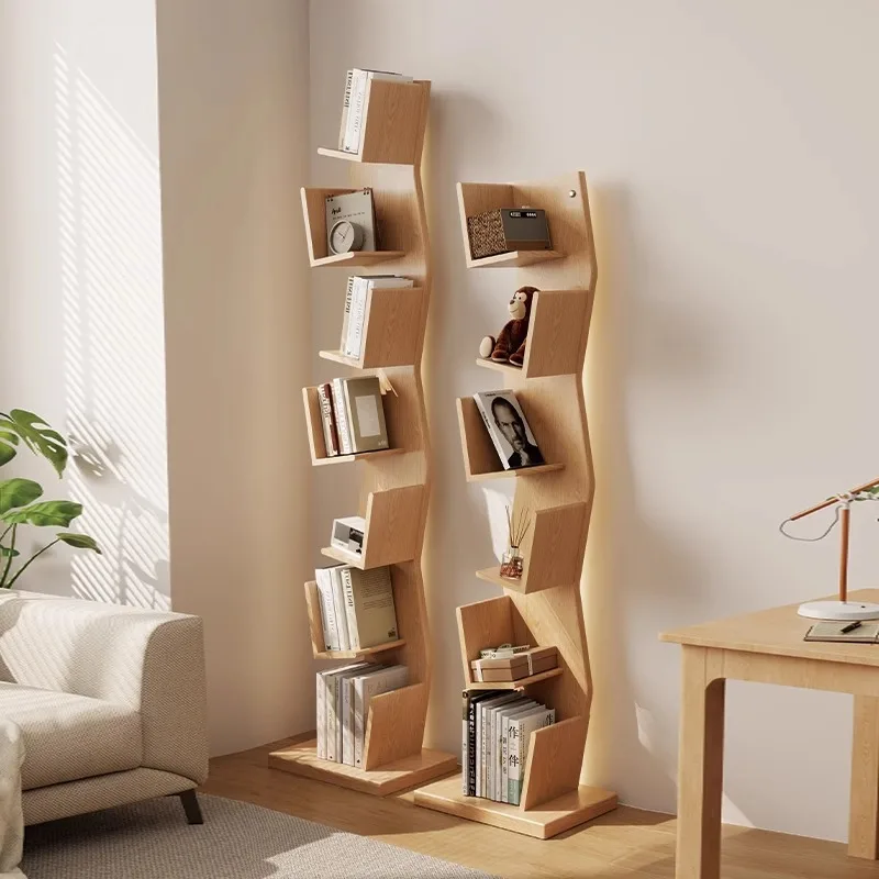 

Solid wood bookshelf floor-to-ceiling corner tree-shaped bookcase household multi-layer led light display shelf