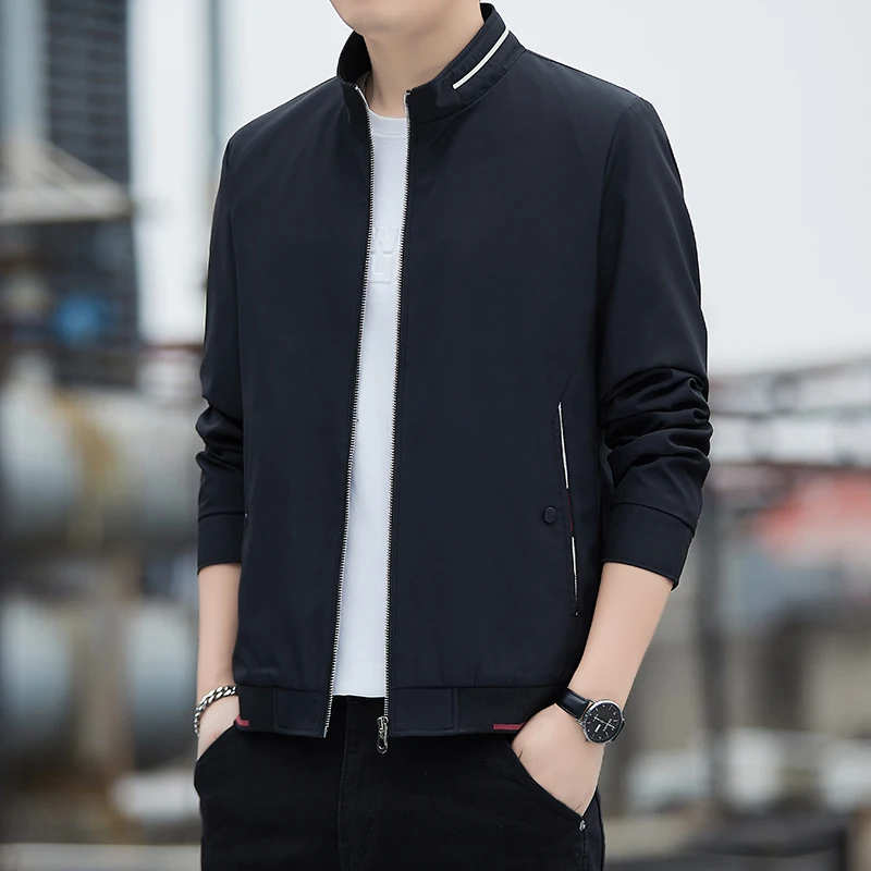 

Casual Stand Collar Men's Jaet Spring Autumn Sle Breathable Polyester Fiber Zipper Closure Long Sve Faion Urban Coat