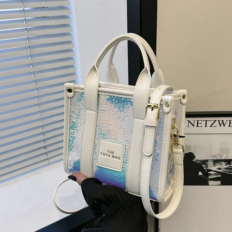 

2025 Sequin Color-Block Tote Bag, Sparkly Shoulder Bag for Women, Day To Night Crossbody Purse, Chic Glitter Work Bag