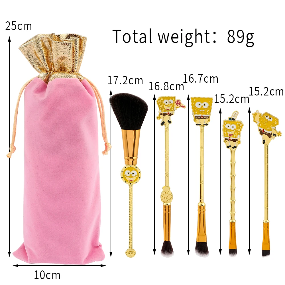 5pcs/Set SpongeBob SquarePants Cartoon Makeup Brushes Kits Foundation Blending Blush Concealer Eyebrow Powder Brush With Pouch