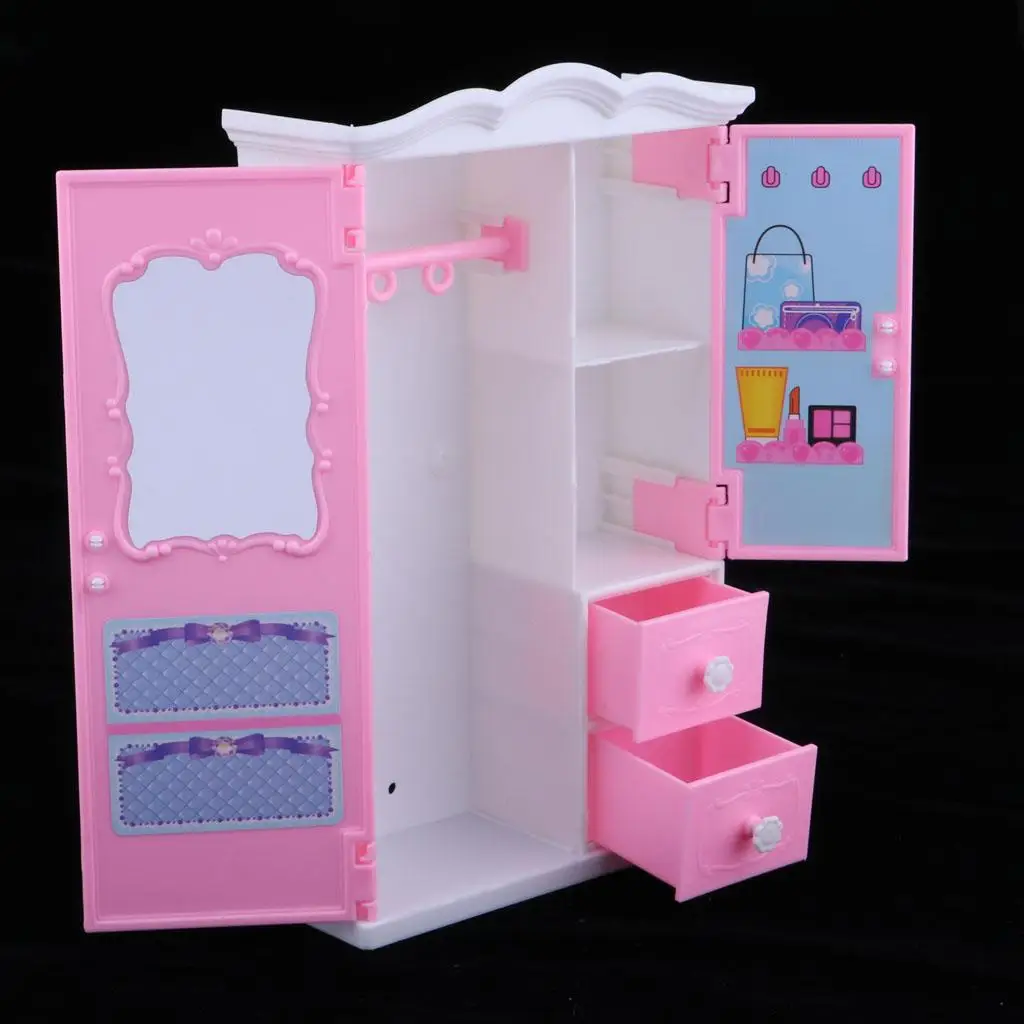 

1/6 Pink Wardrobe with Mirror & Drawers Set for Dollhouse Bedroom Decoration, 12inch Doll Accessories, Children Pretend