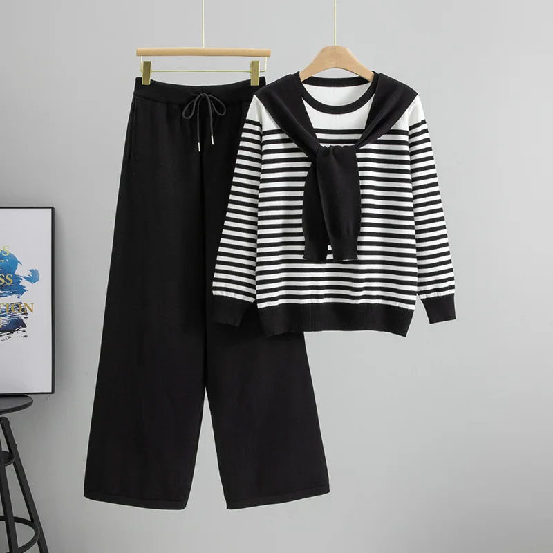 Conjunto de calças femininas conjuntos de duas peças em torno do pescoço conjuntos de correspondência de malha topos perna larga calças compridas rendas até cintura elástica y2k streetwear