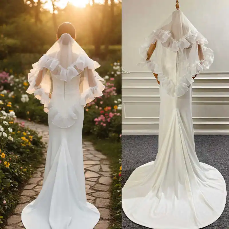 

Elegant Wedding Bridal Veil Lace Ruffle Double Layer With Comb velos de novia Wedding Accessories Customized