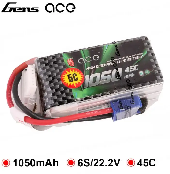 

Original Gens Ace Lipo 1050mah 22.2v 6s 45c Plug Ec3 for RC Car Boat Truck Heli Airplane Drone