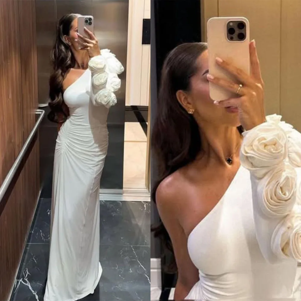 

High Quality Customized Floor Length Pleat Flowers A-line White Long Dresses One Shoulder Robe Pour Mariage Invité Evening Dress