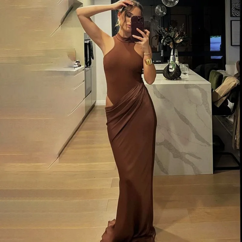 Talenza Satin Sexy Aushöhlen Frauen Maxi Kleid Schwarz Ärmellose Hohe Taille Kleid Weibliche Herbst Dünne Elegante Party Clubwear