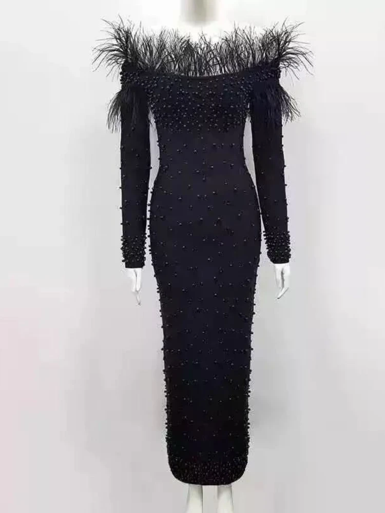 Evening Dress Women\'s 2022 Spring and Summer New Elegant Slim Feather Neckline Beaded One-piece Dress S-5XL