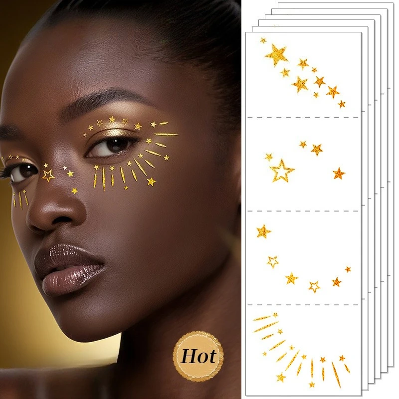 6 Sheets Gold Glitter Eye Temporary Tattoo Stickers Waterproof Face Body Art for Party Festival Makeup Decoration Accessory Gift view 2
