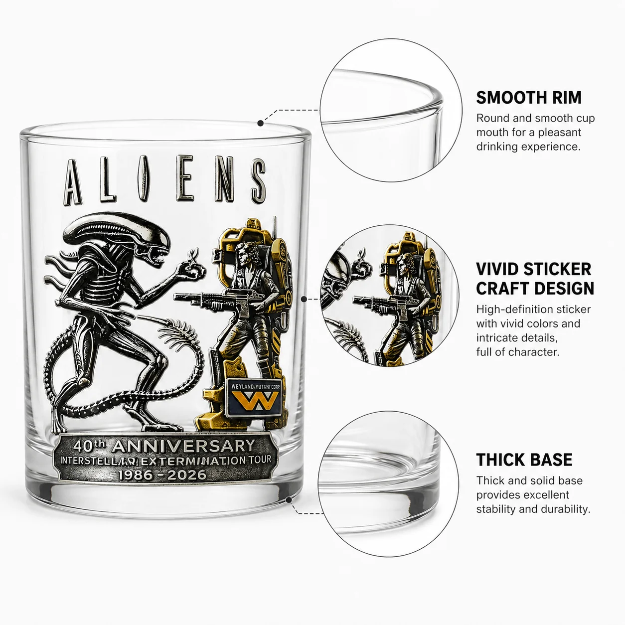 Aliens 40th Anniversary Whiskey Glass Classic Sci-Fi Movie Xenomorph Ripley Power Loader Pattern Clear Tumbler Cup Home Bar