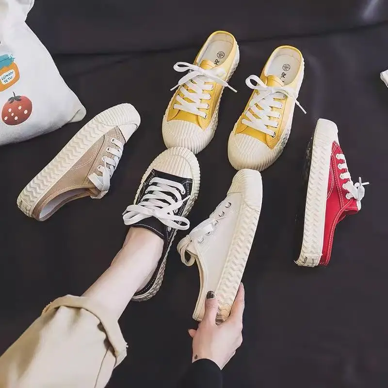 Summer Women Half Drag Canvas Sneakers Lazy Slip on Mule Shoes Breathable Lightweight Flat Casual Shoes for Daily Wear