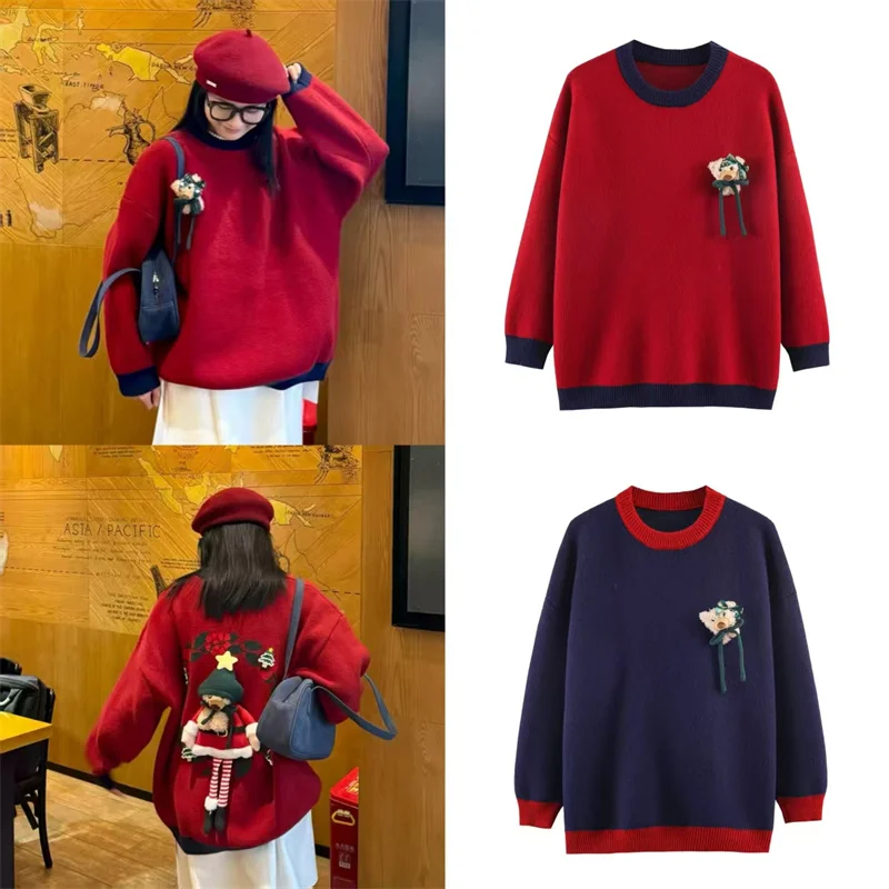 

Women's Top 2025 Winter New Solid Color Long Sleeve Christmas Style Pullover with 3D Teddy Bear Decoration Cute and Personalized