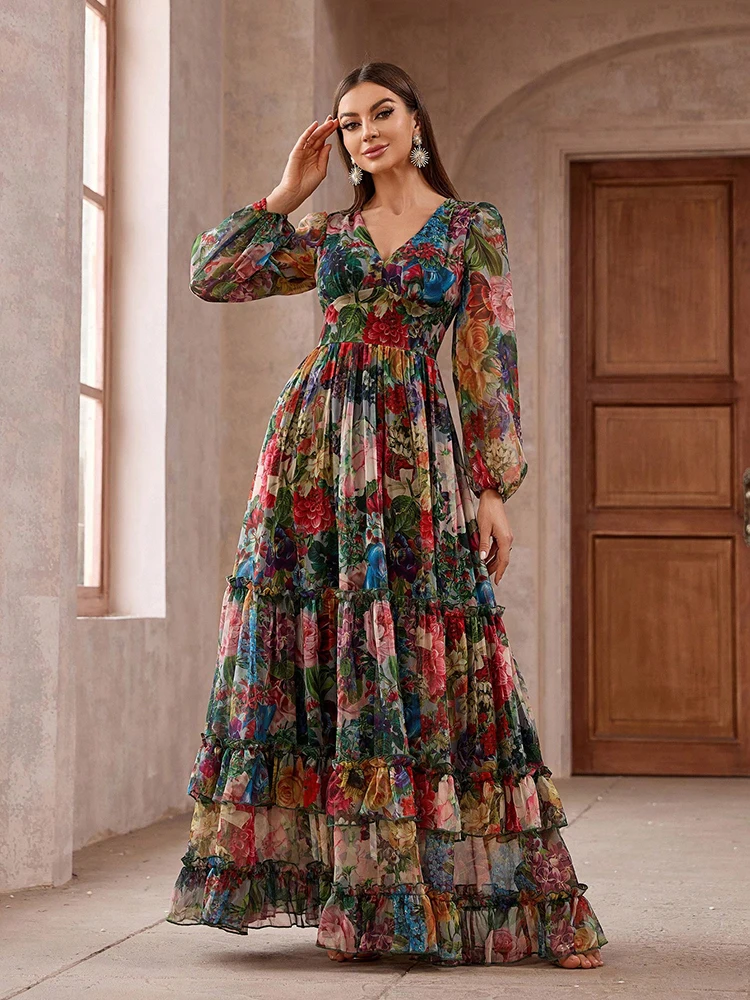 TOLEEN-Vestido largo informal con estampado Floral para mujer, prenda elegante de manga larga con volantes, estilo bohemio, ideal para fiesta y vacaciones, novedad de 2024