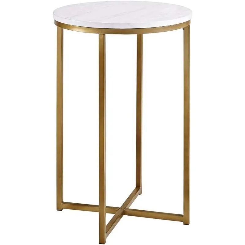 Cora Modern Faux Marble Round Accent Table with X Base, 16 Inch, Marble and Gold