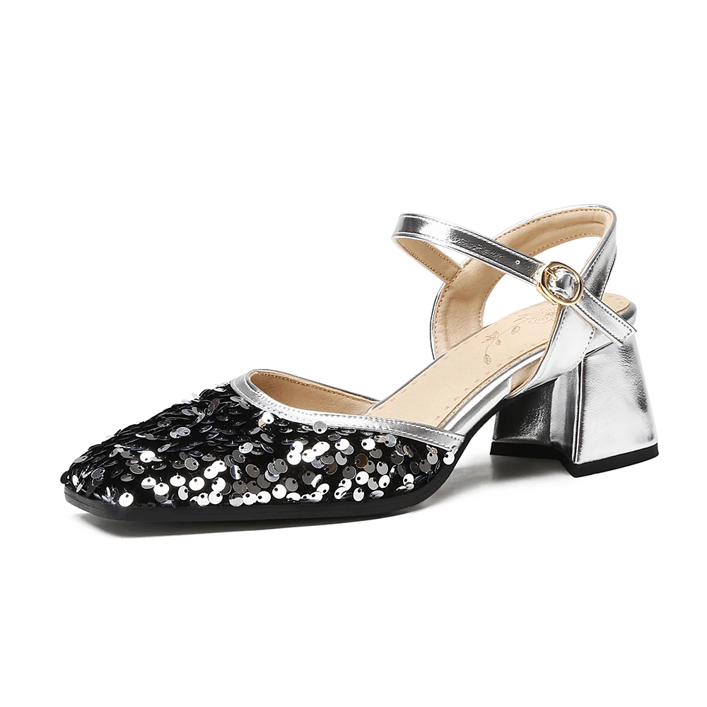 2024 New Glamour Black Gray Women Wedding Sandals Hot Glitter High Square Heels Lady Shoes Plus Small Big Size 12 32 43 48