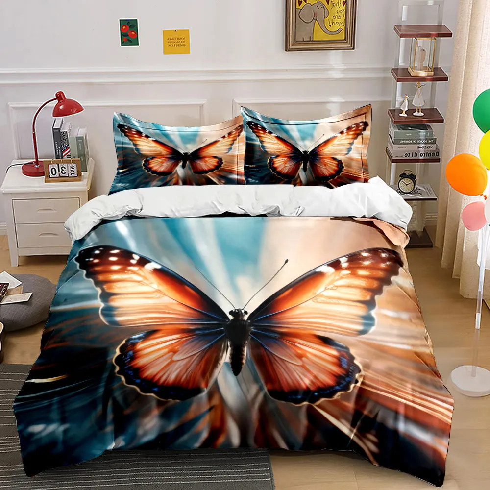 Luxury Shiny Gradient Orange Blue Butterfly Bedding Set 1Duvet Cover 2Pillowcase,Fantasy Insect Print Modern Bedroom Decor,Gift