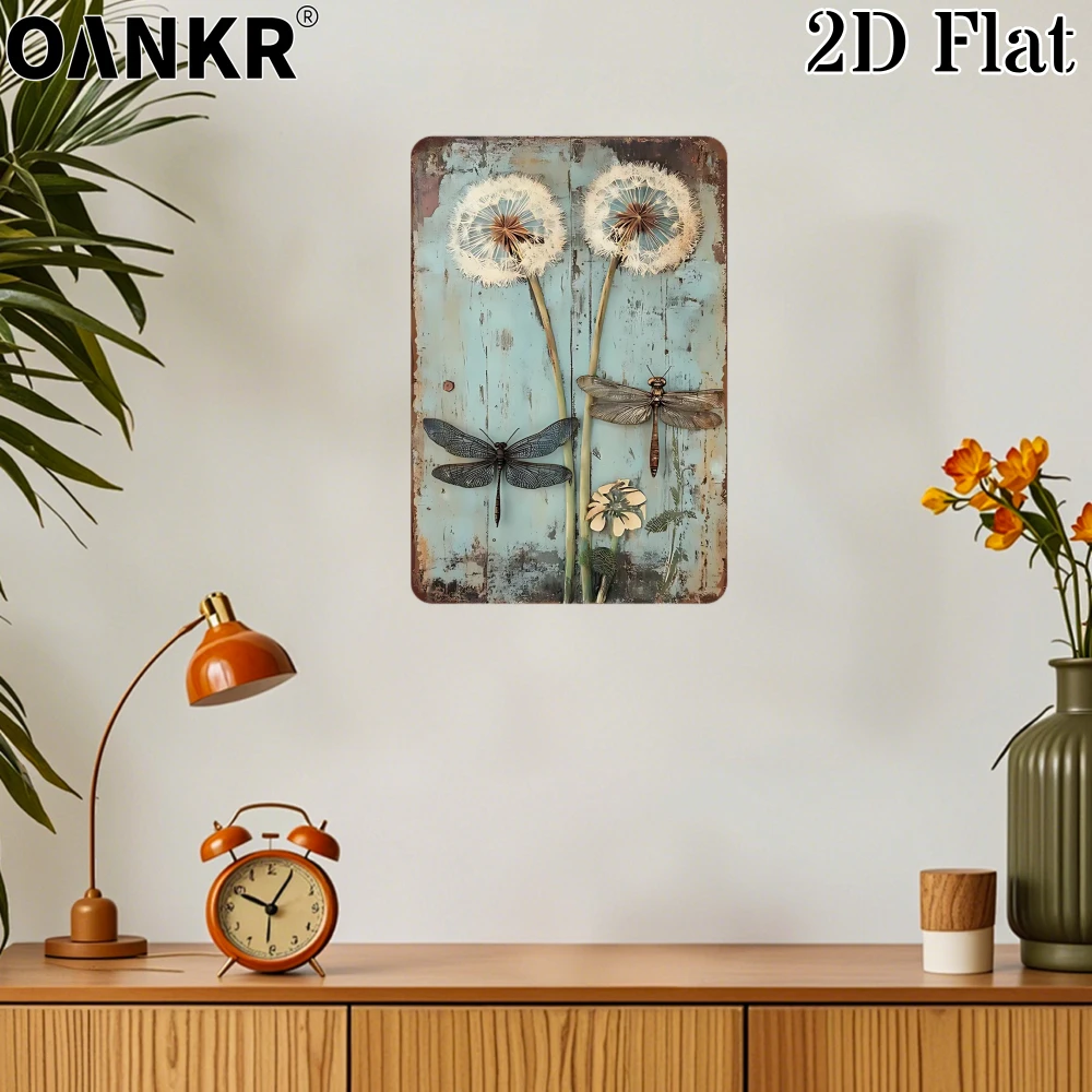 Home Decor Wall Art Metal Sign, Vintage Dandelion & Dragonfly Room Decor for Bedroom Living Room Bathroom Aesthetic, 8x12 Inch
