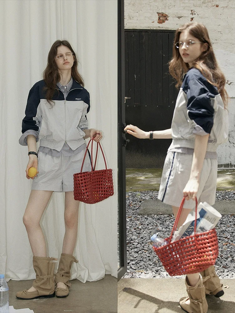 

Retro Color Blo Two-Piece Set Faionable Contrast Design Casual Sle Zipper Closure Collar Suitable for Teen Girls