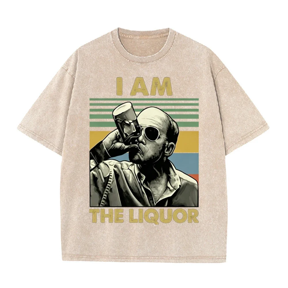Vintage Washed Beige Retro Man Drinking Portrait Graphic T Shirt Color Block Stripe Print Oversized Men Casual Short Sleeve Tee