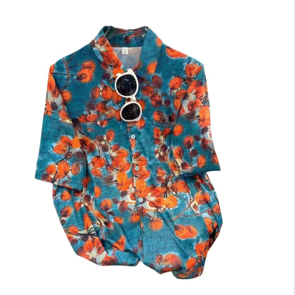 

Шикарные рубашки с v-образным вырезом и цветочным принтом с короткими рукавами Y2K, свободная блузка с цветочным принтом, женская уличная одежда на пуговицах, милые рубашки для девочек