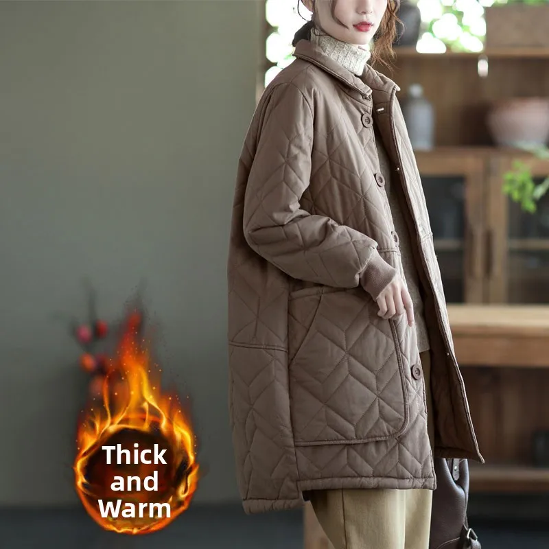 

Женское зимнее хлопковое жакет средней длины, теплое пальто большого размера, винтажное длинное пальто на пуговицах све, воротник-стойка, чистый цвет