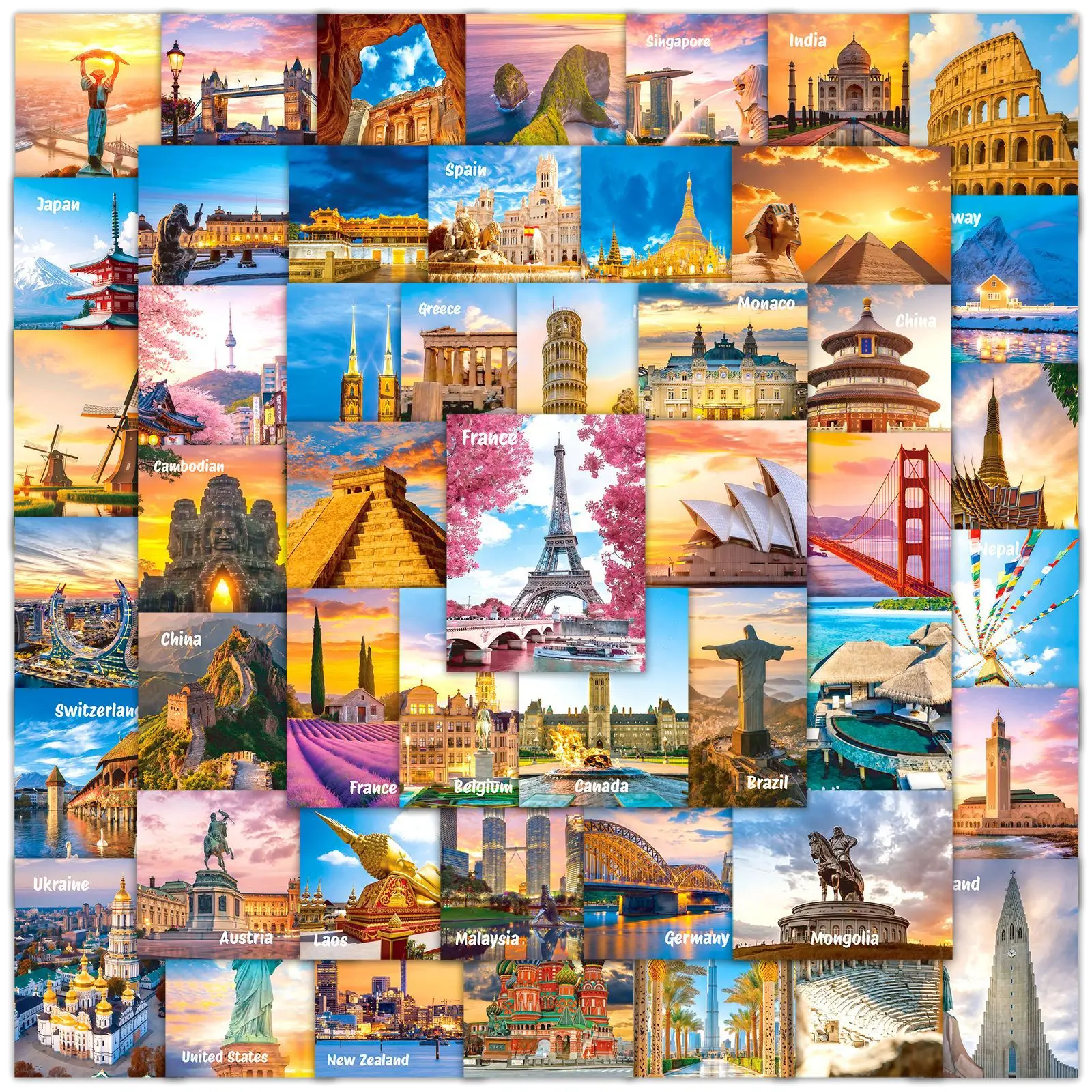 50-Piece Set Creative Waterproof Stickers of Famous City Landmarks for Luggage Guitar Notebook Journal Travel Decor