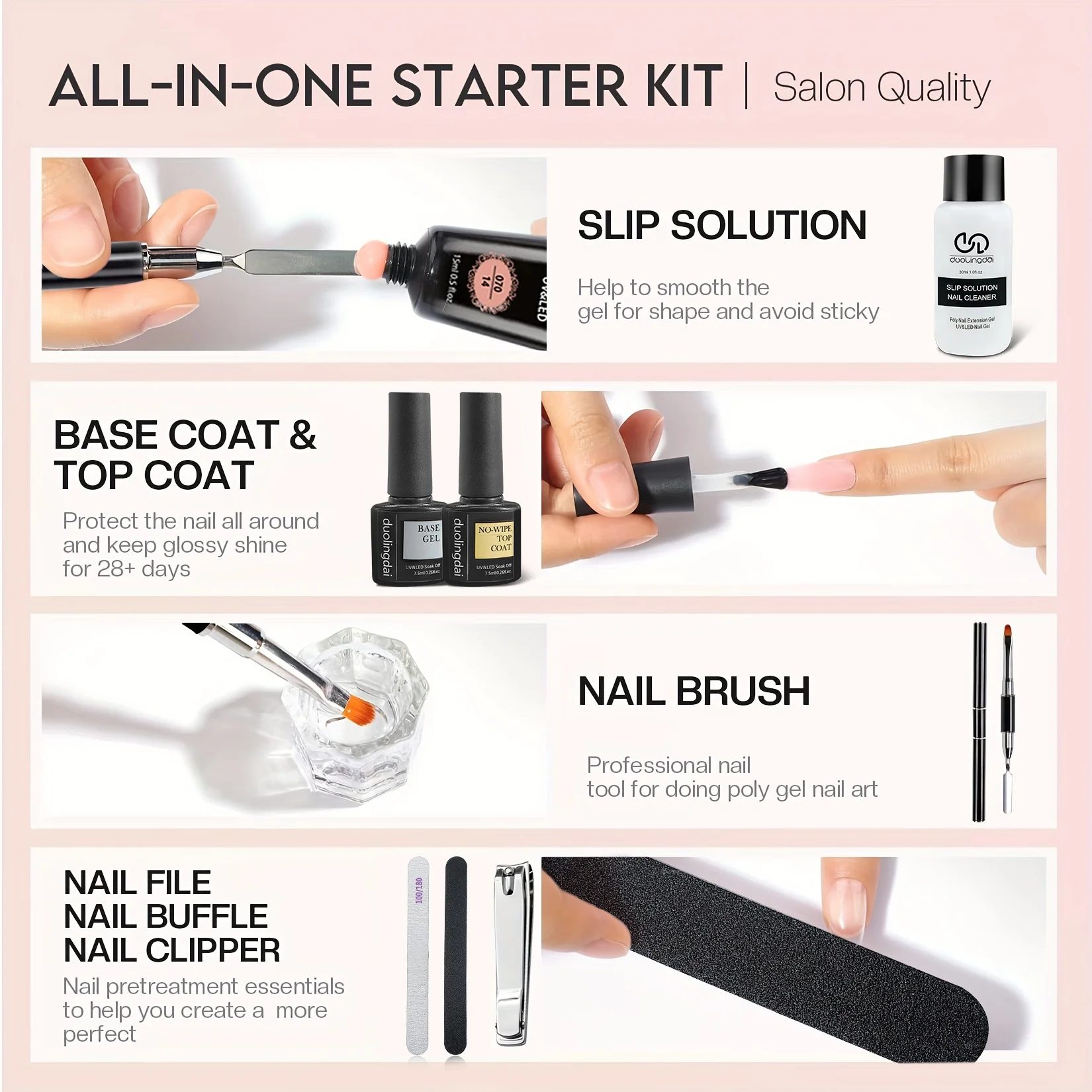 Kit de extensión de uñas de gel de polímero de 24 piezas: 8 colores vibrantes, gel de fibra dura LED/UV de construcción rápida, incluye lámpara de uñas, base y abrigos superiores