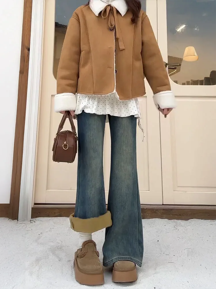 

Утепленные джинсы-клеш с высокой талией на флисовой подкладке для женщин, зимние, новые, больших размеров, повседневные, винтажные, синие