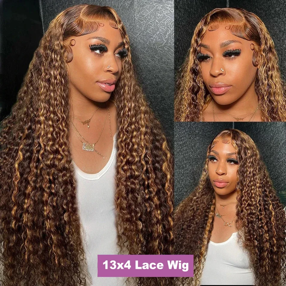 Wiggogo Curly Colored Highlight Wig Human Hair Deep Wave 13X6 Hd Lace Frontal Wig 13X4 4/27 Ombre Brown Blonde Lace Front Wigs image 4