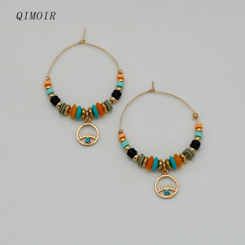 Multi Color Hoop Earrings Bohemia Style Copper Circle Acrylic Beads Drop Earring Large Statement Eye New Fashion Jewelry C1052