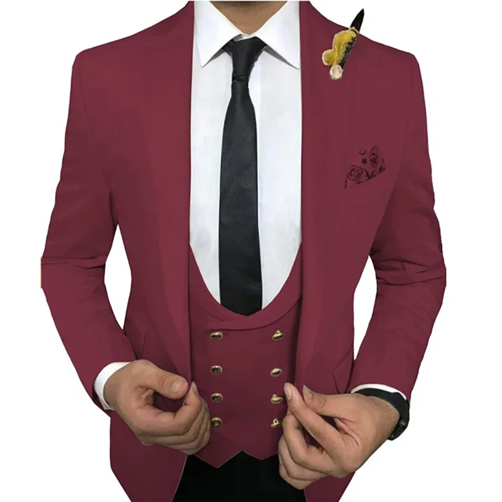 Esmoquin de boda burdeos, trajes ajustados para hombres, traje de padrino de boda, trajes formales de graduación de tres piezas para novio, trajes de boda para hombres