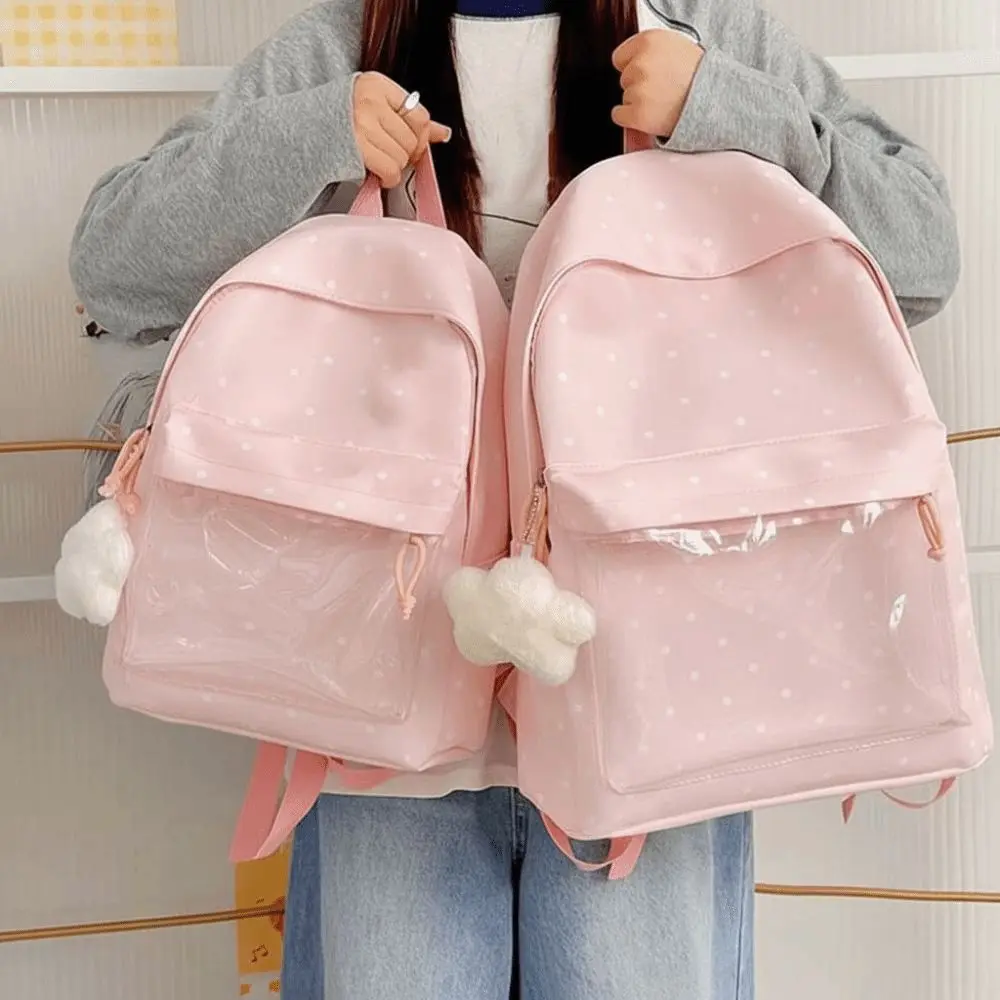 Japanese Style Ita Bag Transparent Window Large Capacity Clear Backpack Zipper Closure Lightweight Polka Dot Bookbag Commute