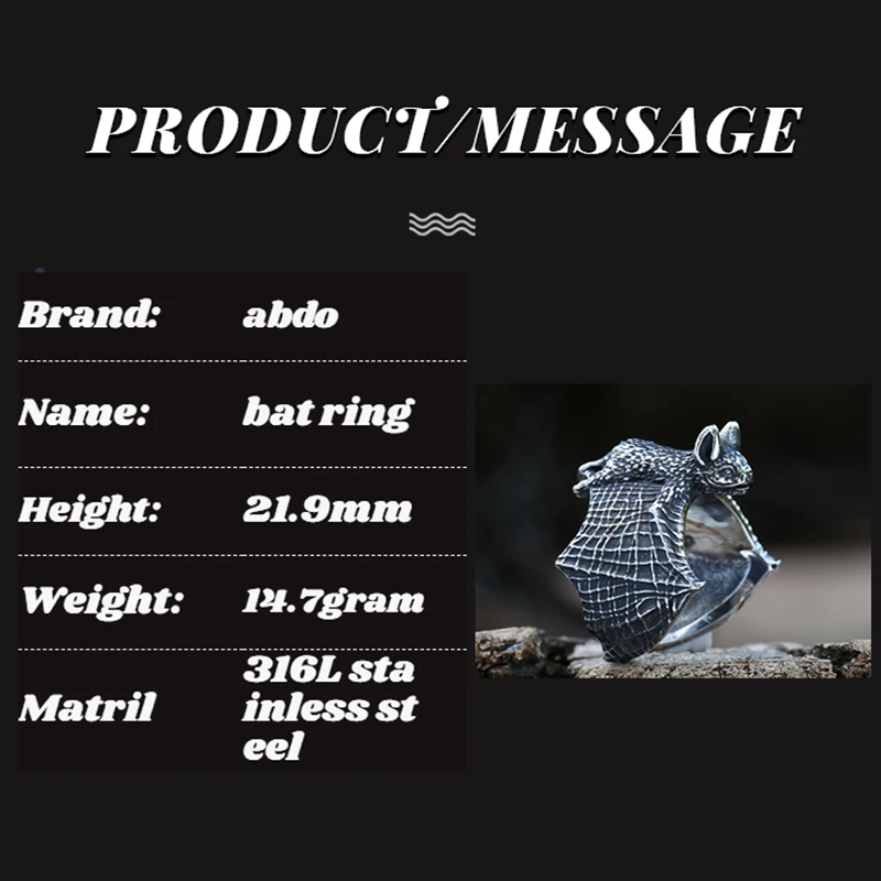 2022 جديد 316L الفولاذ المقاوم للصدأ خمر الخفافيش خواتم الاصبع موضة ريترو ستايل للنساء الرجال المجوهرات هدية بالجملة بيجو V260