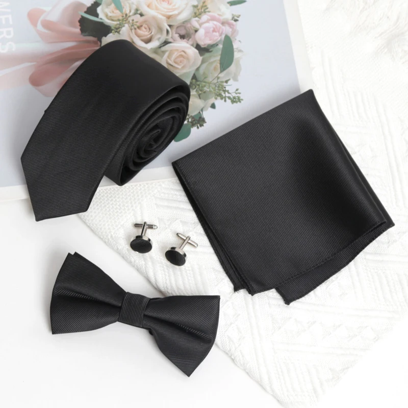 Black Slim Tie Set Cufflink Cravat Bowtie Wedding Party Gifts for Men Handky Elegant Jacquard Necktie for Designer Accessories