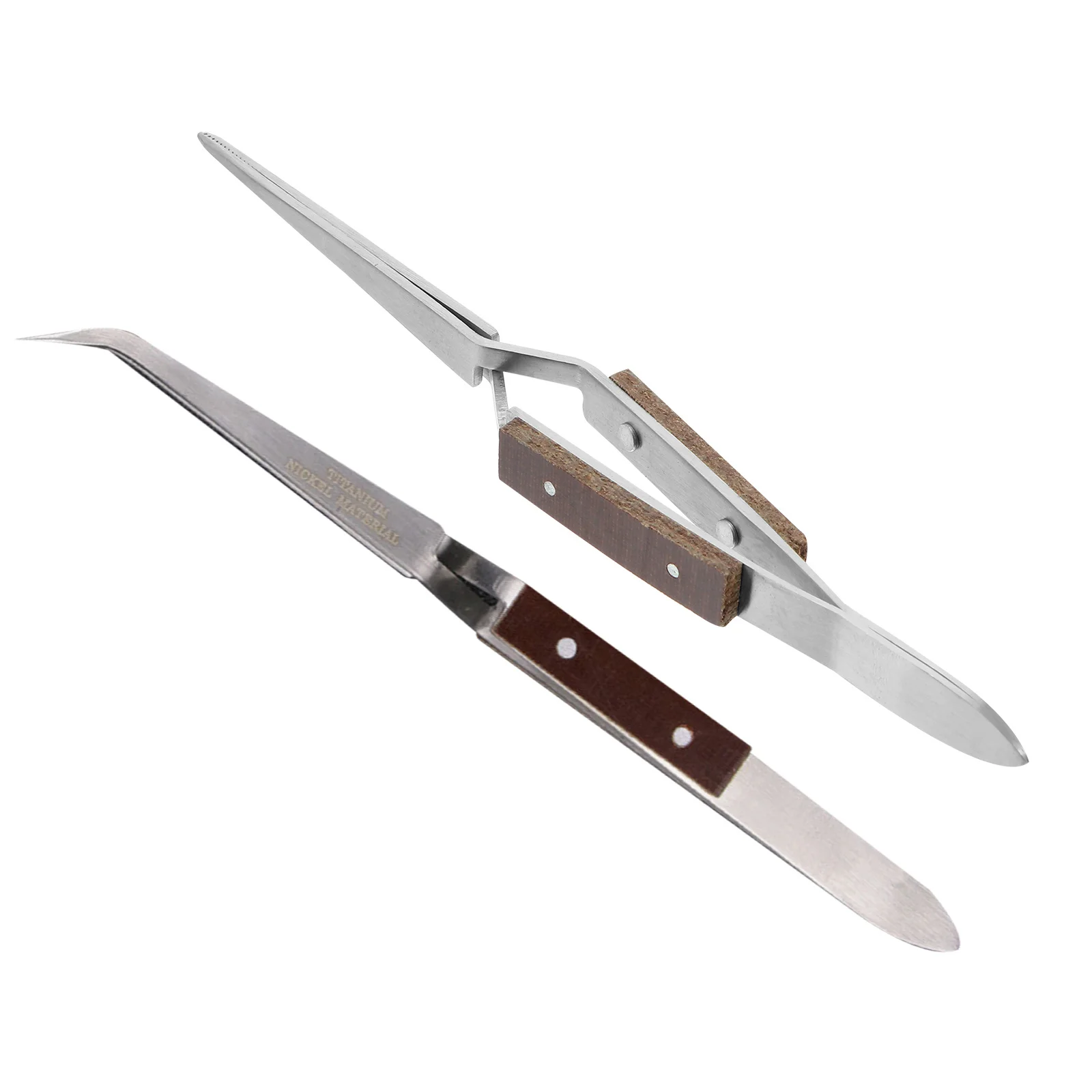 

2 Pcs Precision Tweezers Pointed Tips Jeweler Self Closing Wooden Grip Reverse Curved Straight Stainless Steel