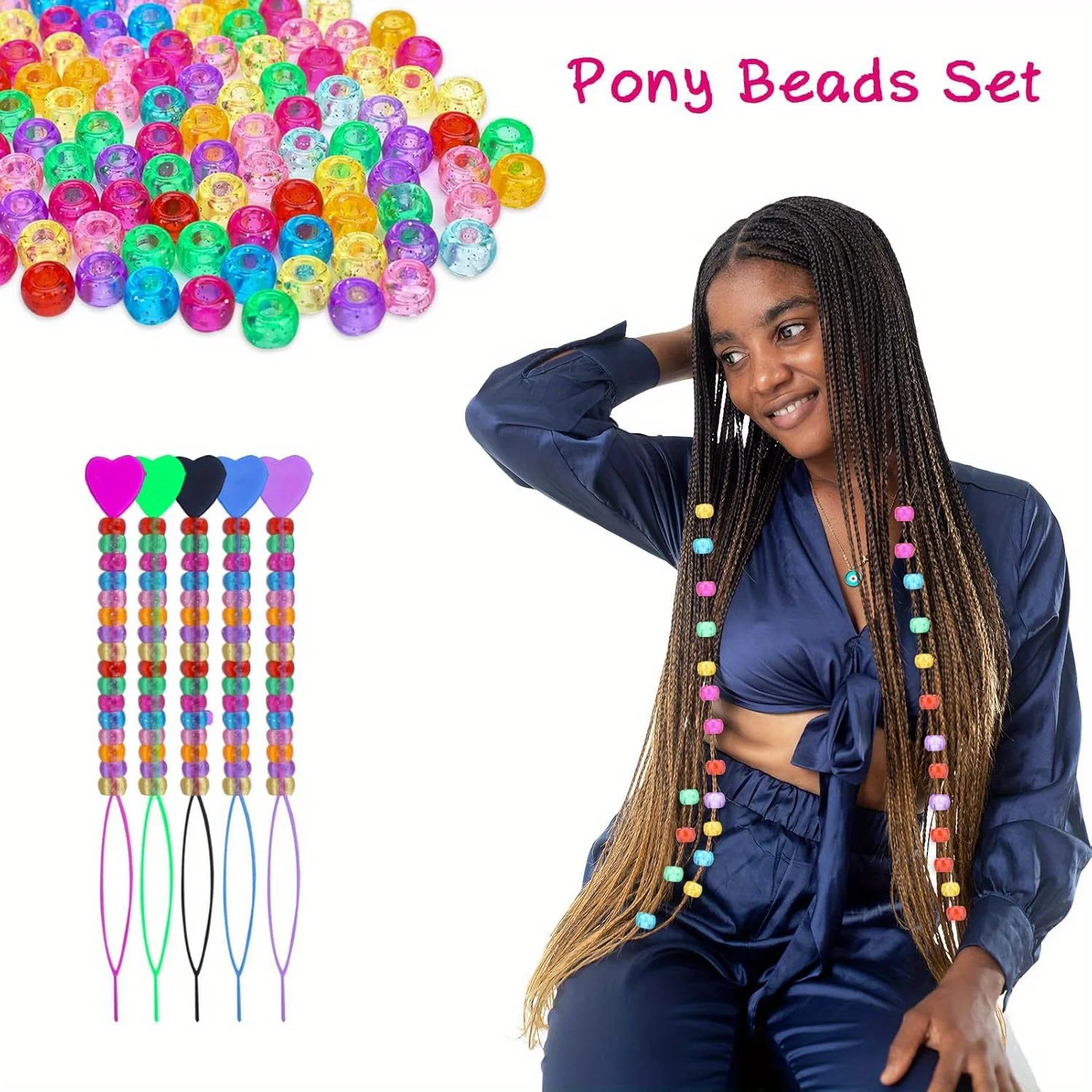 500PCS 9 × 6mm glitter small horse beads, 5 quick bead tools, suitable for hair accessories, jewelry, fashion gifts