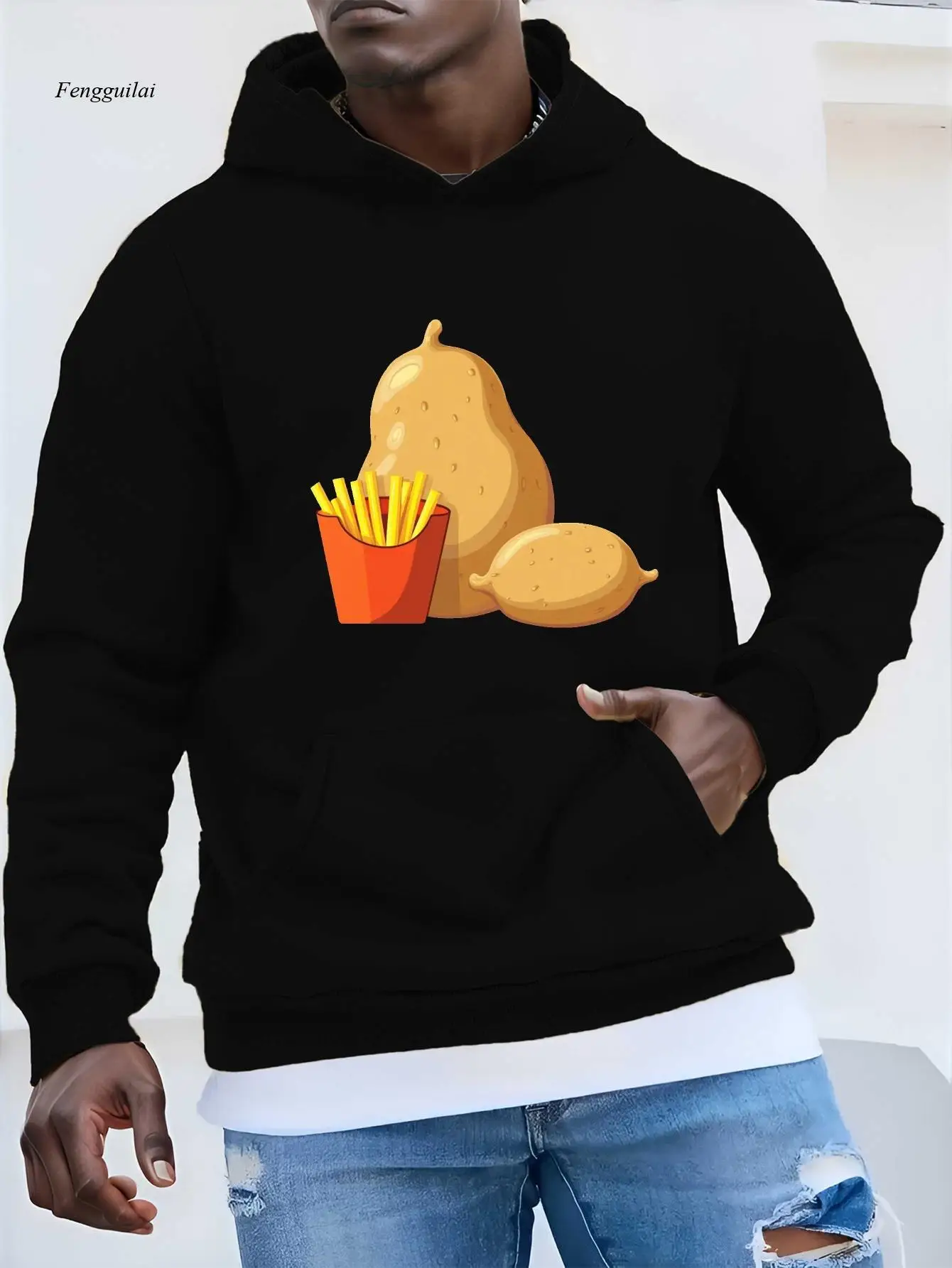 フライドポテト＆フライ愛好家グラフィックフード付きスウェットシャツ - ポテト＆フライプリントのルーズフィットカジュアルプルオーバー