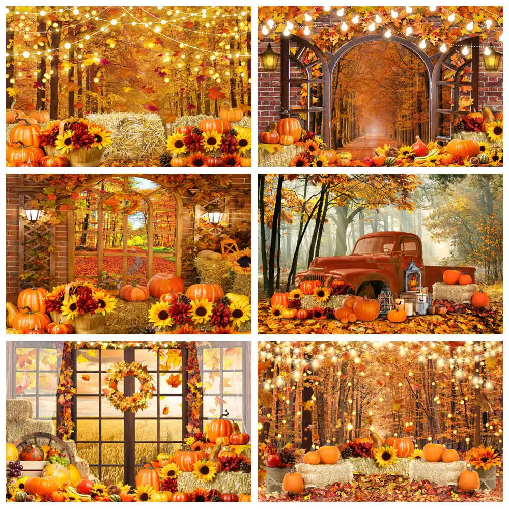 

Autumn Forest Backdrop Fall Farm Barn Pumpkin Thanksgiving Harvest Season Maple Truck Baby Portrait Photography Background Decor