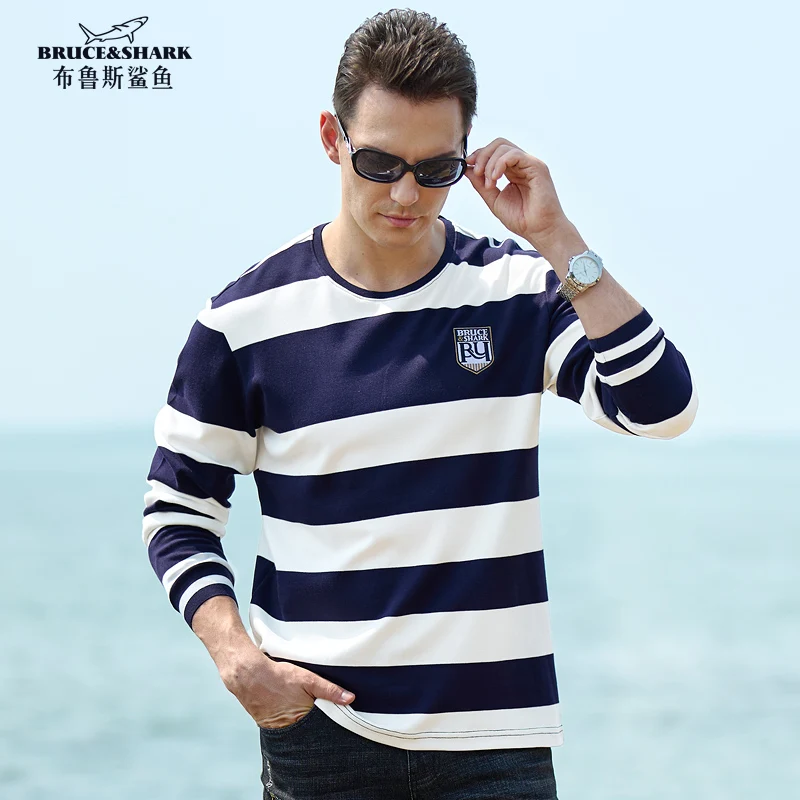 New Men's Stripe T-Shirts Round Neck Full Sleeved Thick Stretch Cotton Casual Polos Big Size 4XL Men's Spell Color Tops Spring