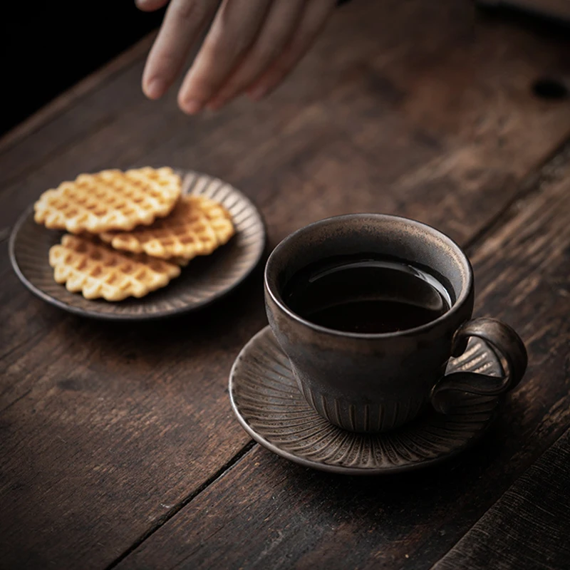 Vintage Pottery Coffee Mugs with Tray Dish Handle Mug Retro Ceramics Coffee Cup Saucer Set Photography Props Coffeeware Cups