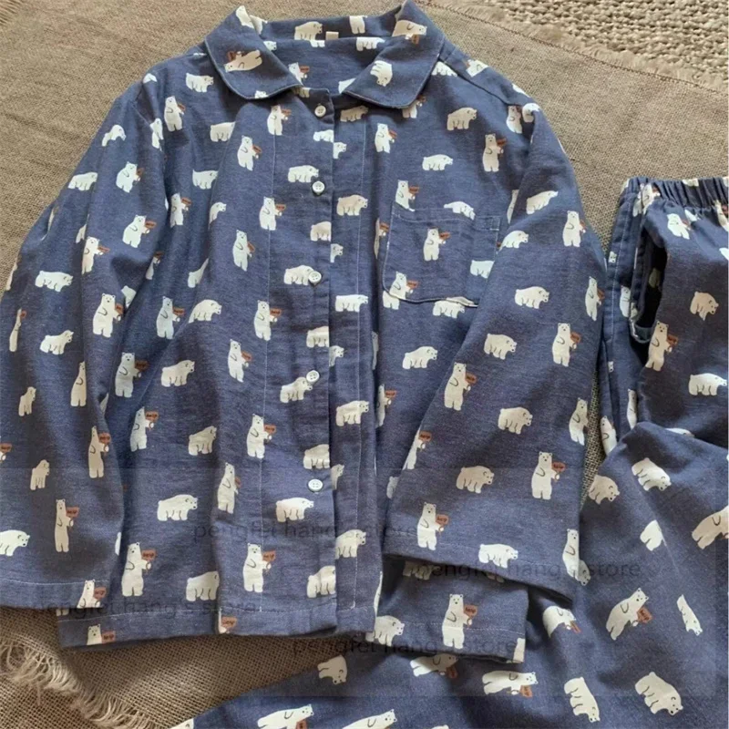 2Pcs Pijamas De Mujer Dark Blue Sleepwear Women Pajamas Cute Girls' Home Clothes Cotton Brushed Small Lapel Long Sleeved Pants
