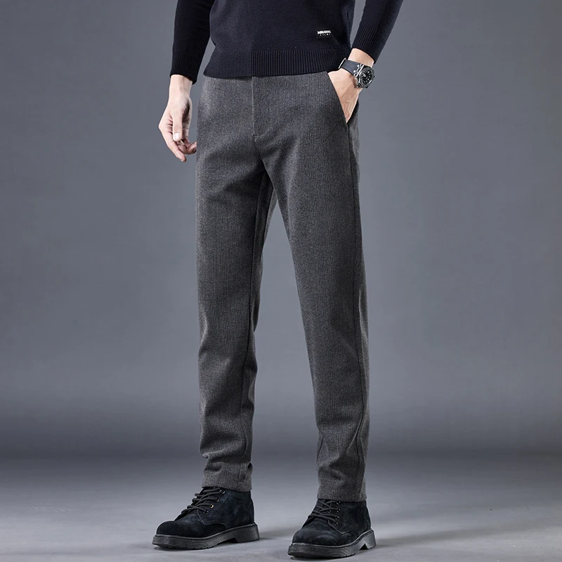 High Quality Autumn Winter Stripe Men\'s Suit Pants Elastic Waist Business Grey Stretch Thick Korea Office Formal Trousers Male