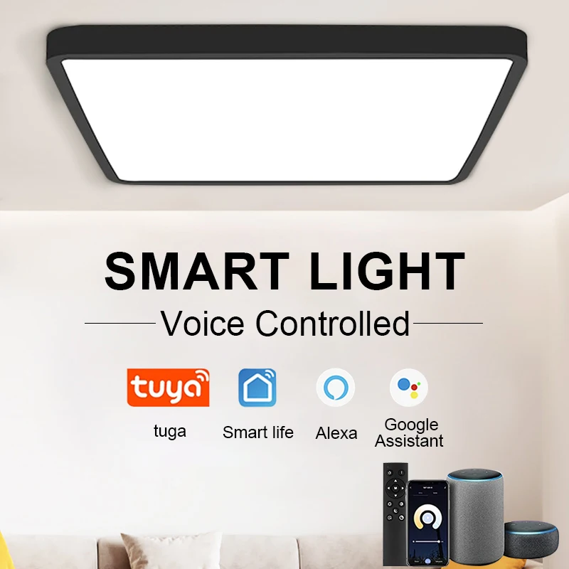 luz de teto quadrada led para sala de estar grandes luzes de teto controle por voz tuya smart aplicativo remoto alexa google 09 36w 24w 01